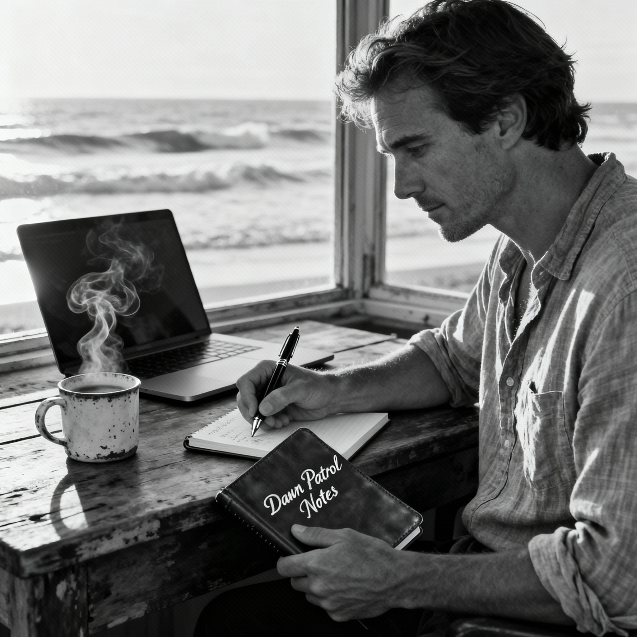 Founder writing Dawn Patrol notes at sunrise