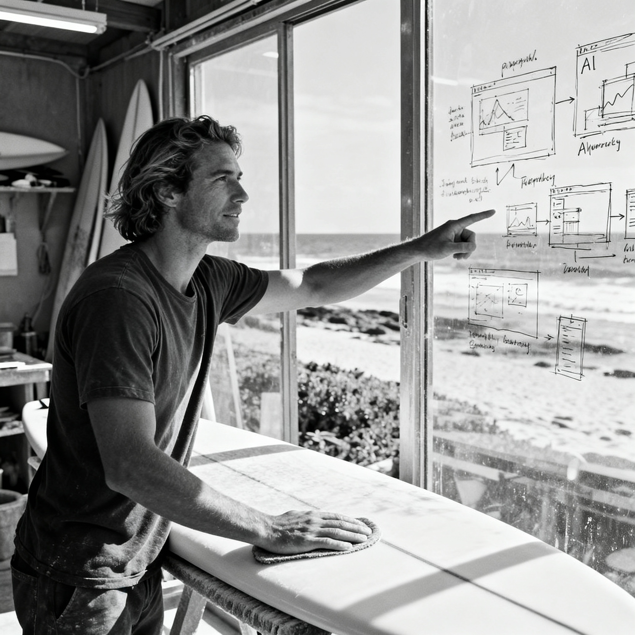 Surfer-founder shaping a board beside an AI workflow sketch