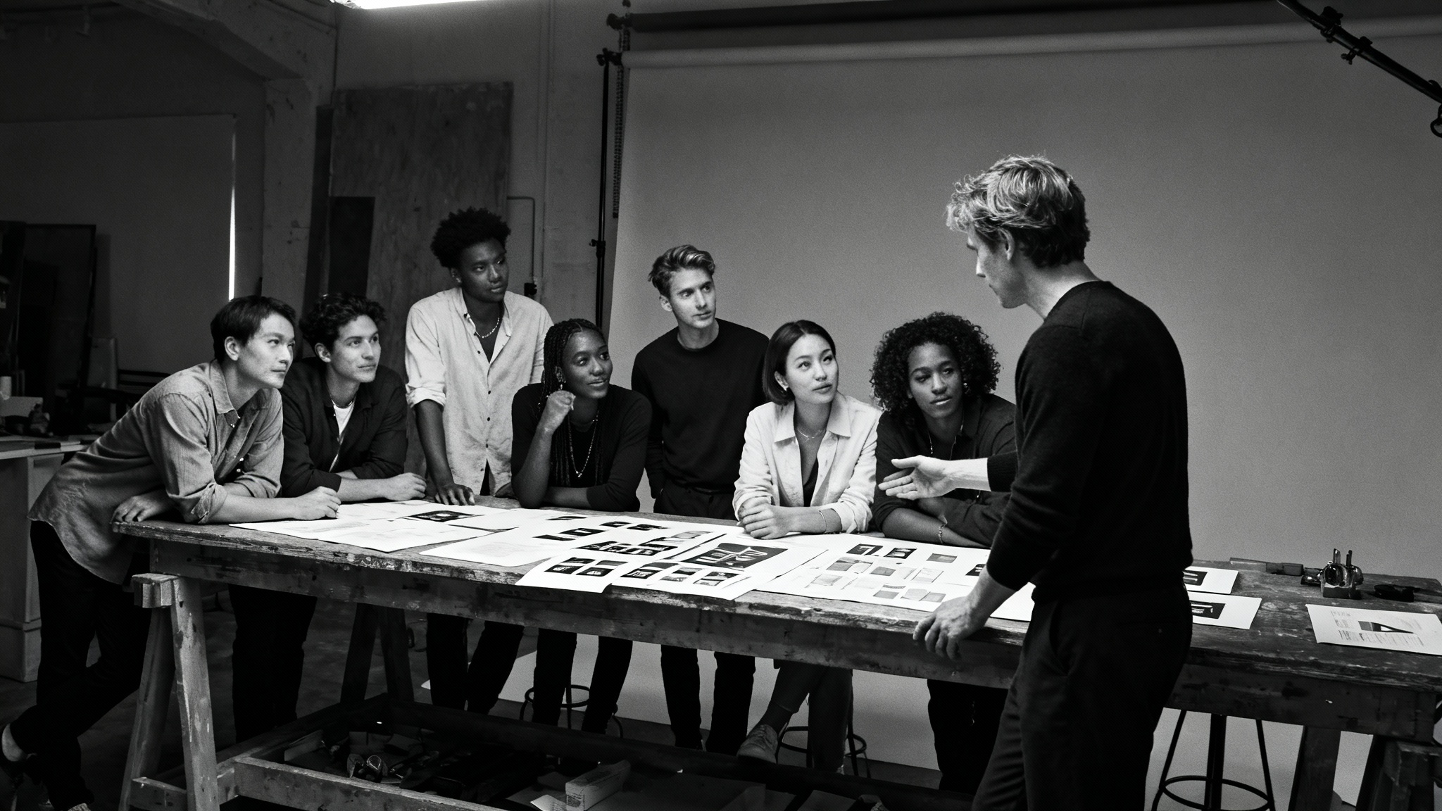 Founders gathered around a workbench during a critique